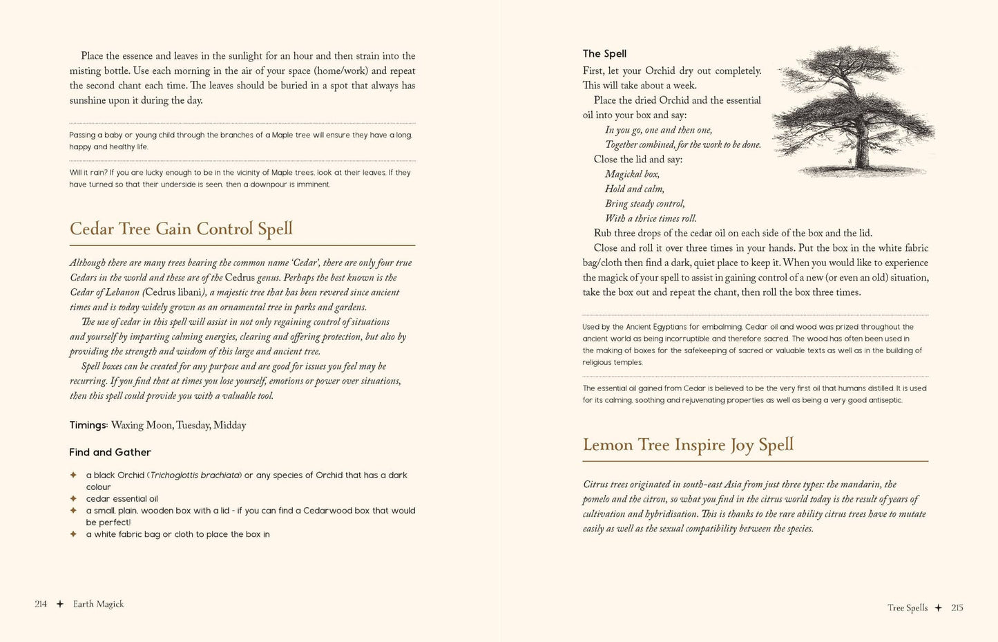 Pages from Earth Magick - Cheralyn Darcey featuring Cedar Tree Gain Control Spell and Lemon Tree Inspire Joy Spell
