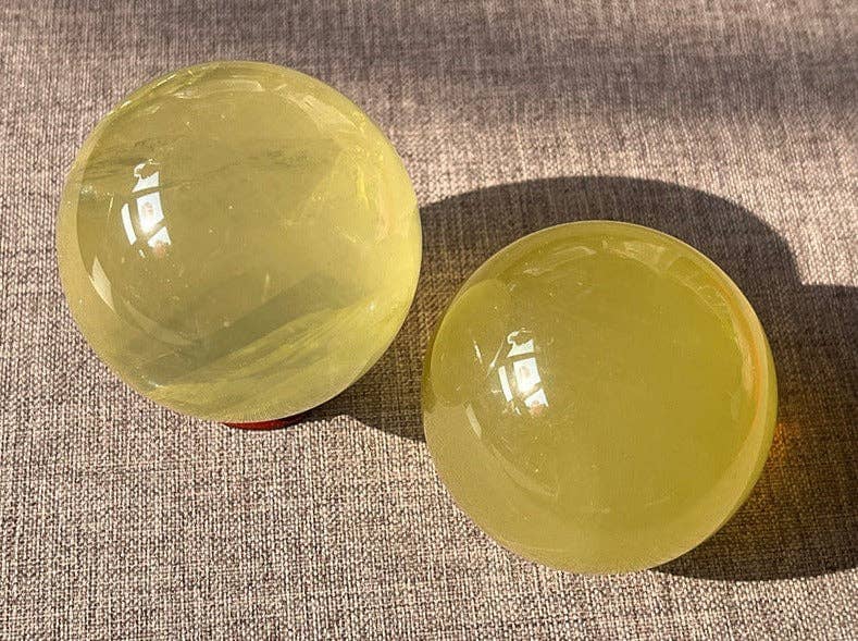 Two Genuine Natural Citrine Crystal Spheres with a Bright Yellow Color, Ideal for Home Decor