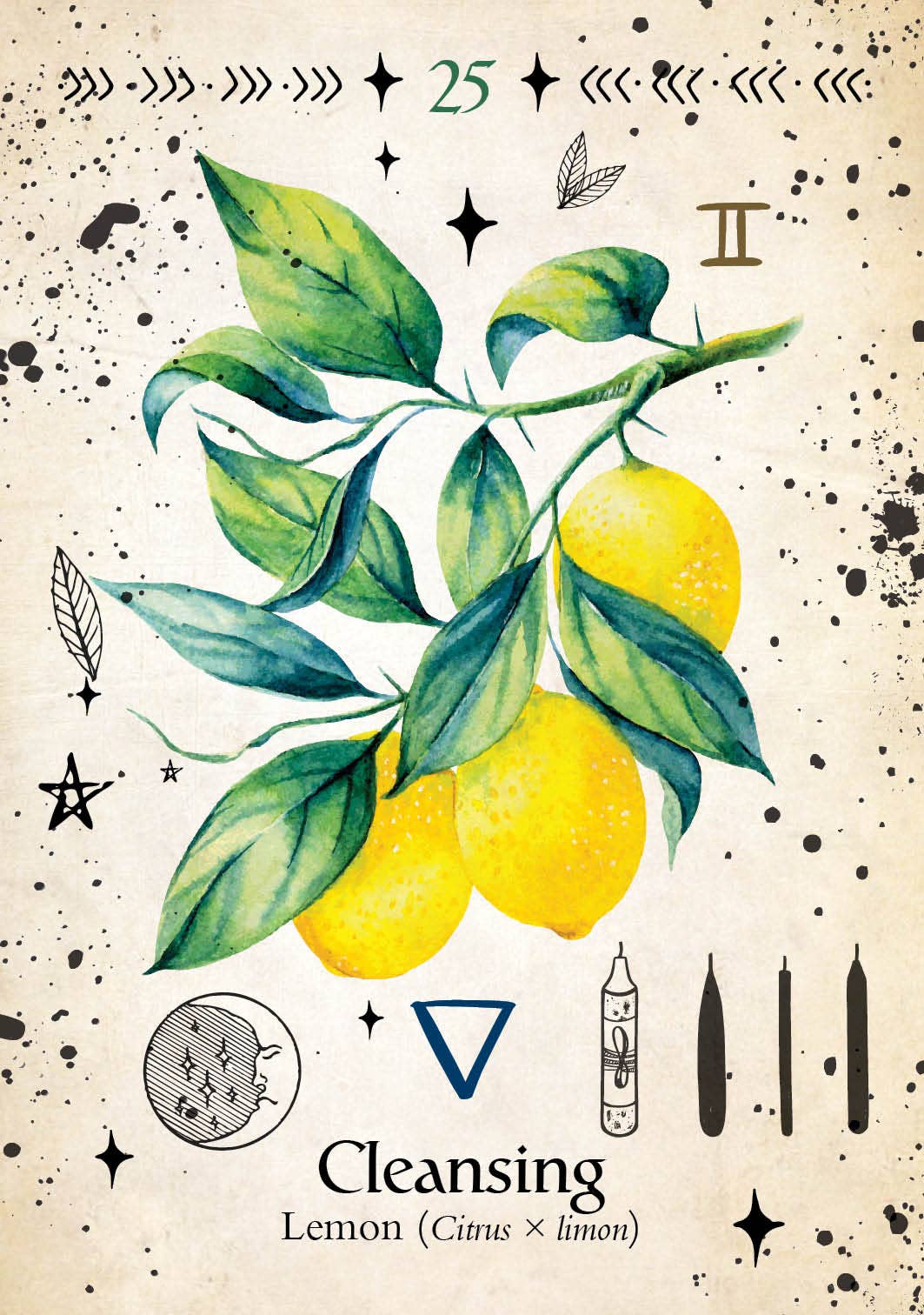 Green Witch Oracle card featuring lemons with a cleansing theme and botanical illustrations