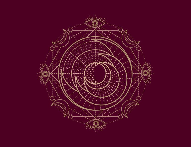 Intricate circular design with mystical symbols representing spells and spiritual energy