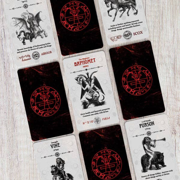 Occult Tarot cards featuring Baphomet, Vine, and Purson with detailed illustrations for mystical readings