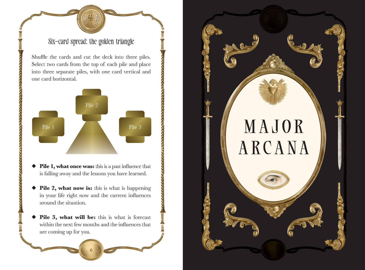 Tarot Divinatorium guide featuring a six-card spread layout and Major Arcana insights