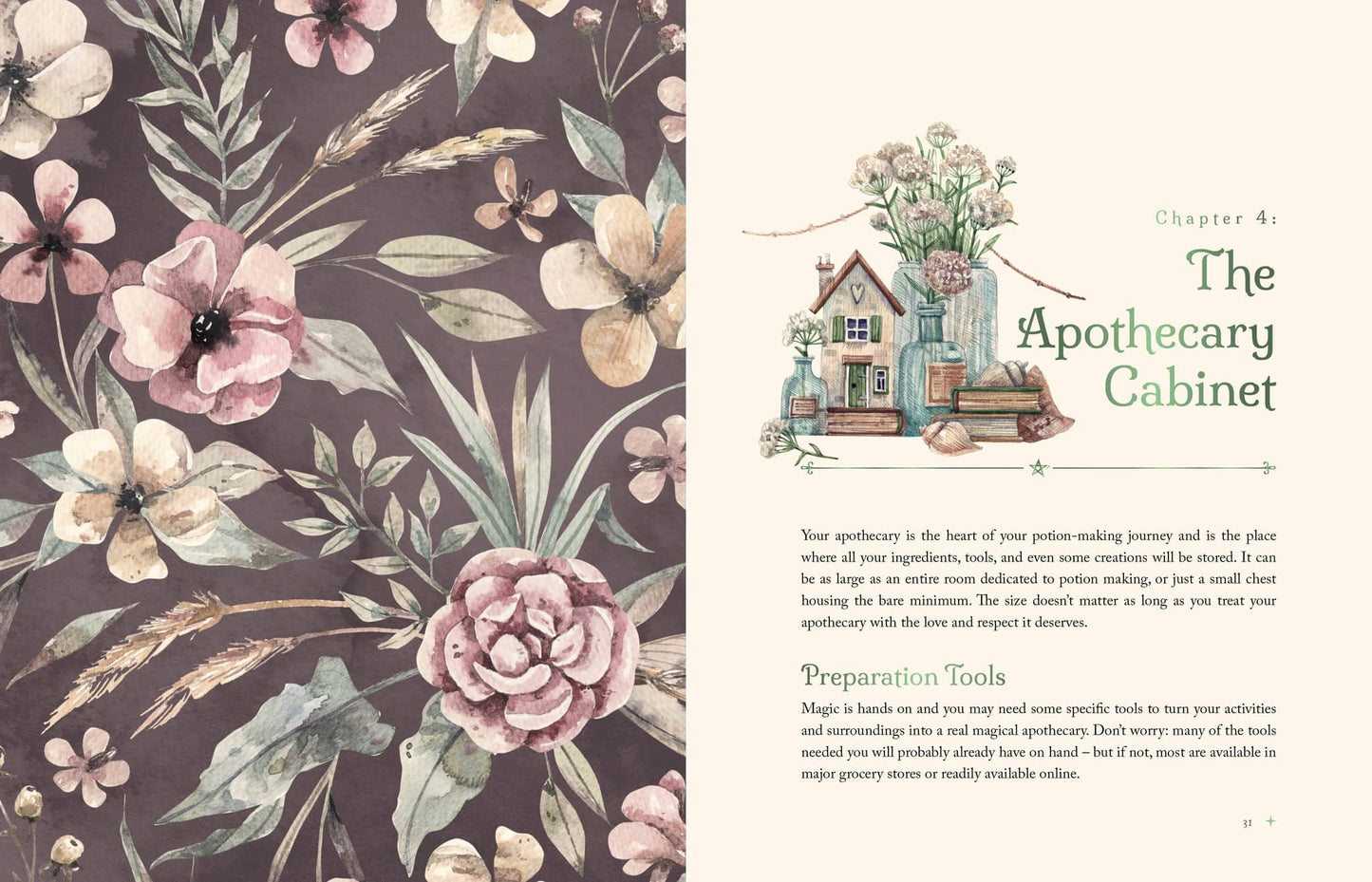 The Witch's Apothecary - Lorraine Anderson book page with floral designs and apothecary cabinet illustration