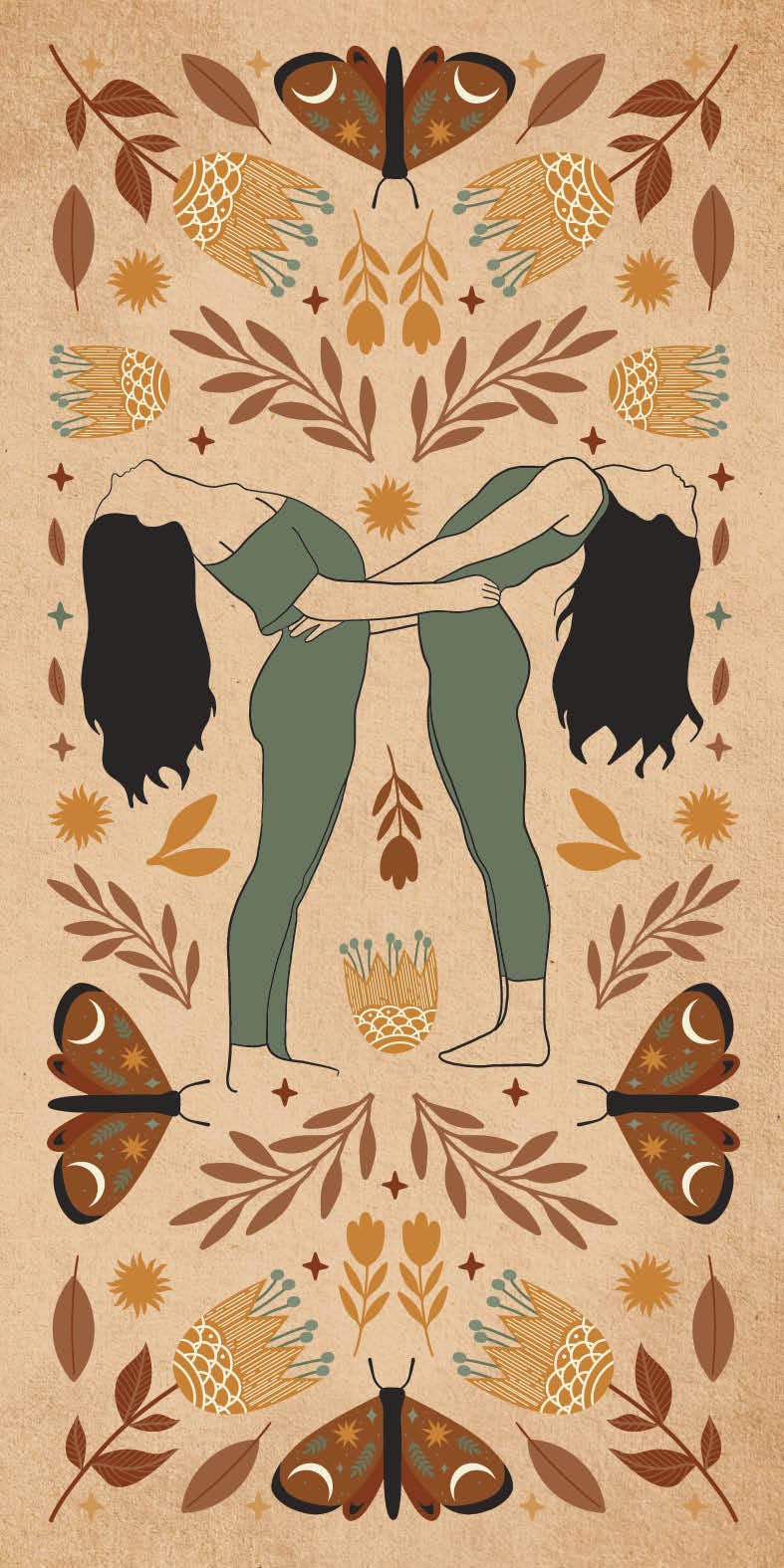 Artistic illustration of two women in green outfits surrounded by nature symbols and butterflies, representing Witch Magick