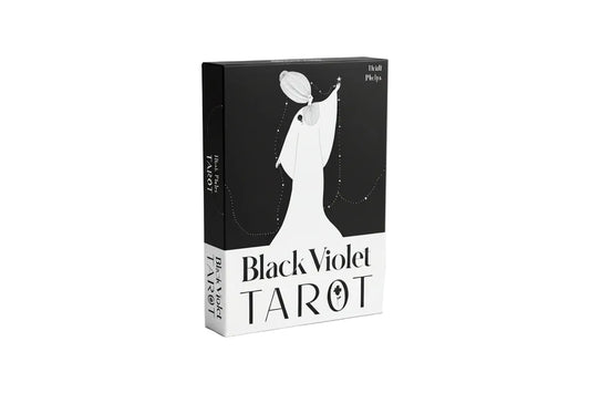 Black Violet Tarot card deck featuring elegant design by Heidi Phelps with a mystical character illustration