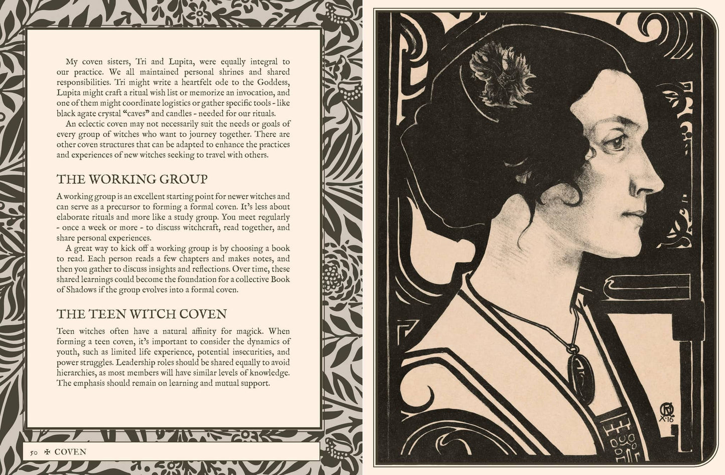 Coven - Fiona Horne book cover featuring an illustrated portrait of a woman with floral designs