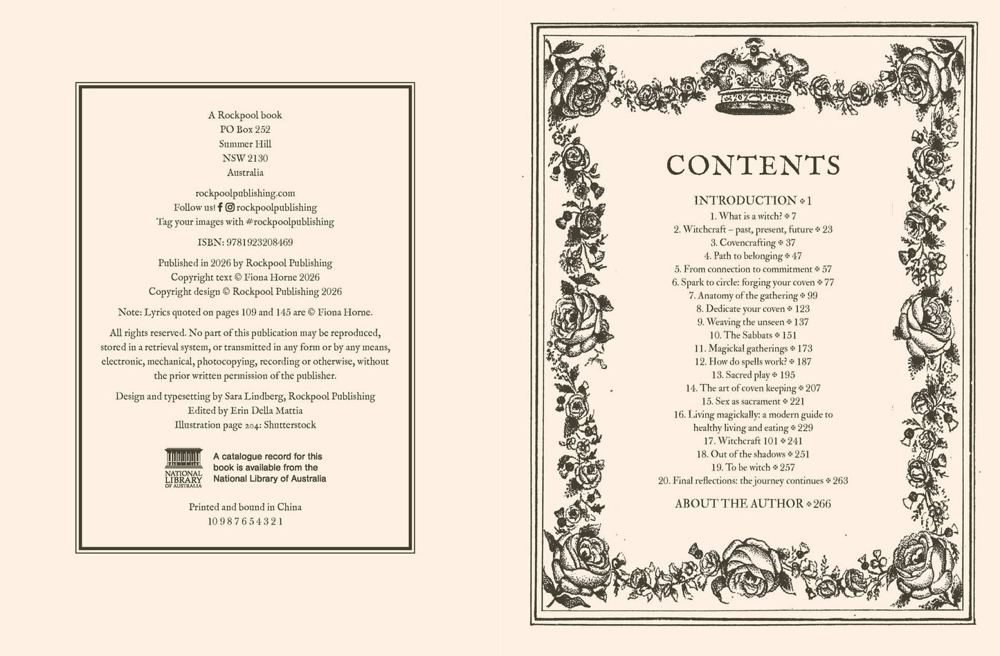 Coven - Fiona Horne book contents page featuring introduction and chapter listings in a decorative frame