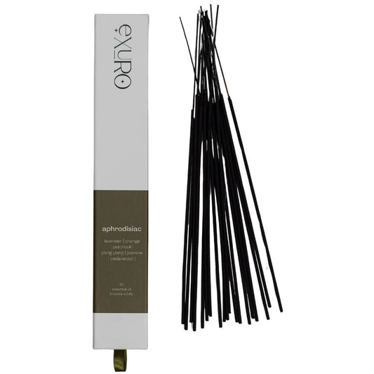Exuro Aphrodisiac Incense Sticks packaged in a sleek box for aromatic relaxation and ambiance