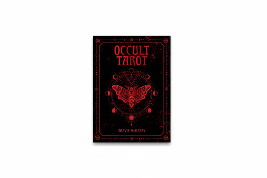 Occult Tarot book by Travis McHenry featuring a striking moth design in red on a black background